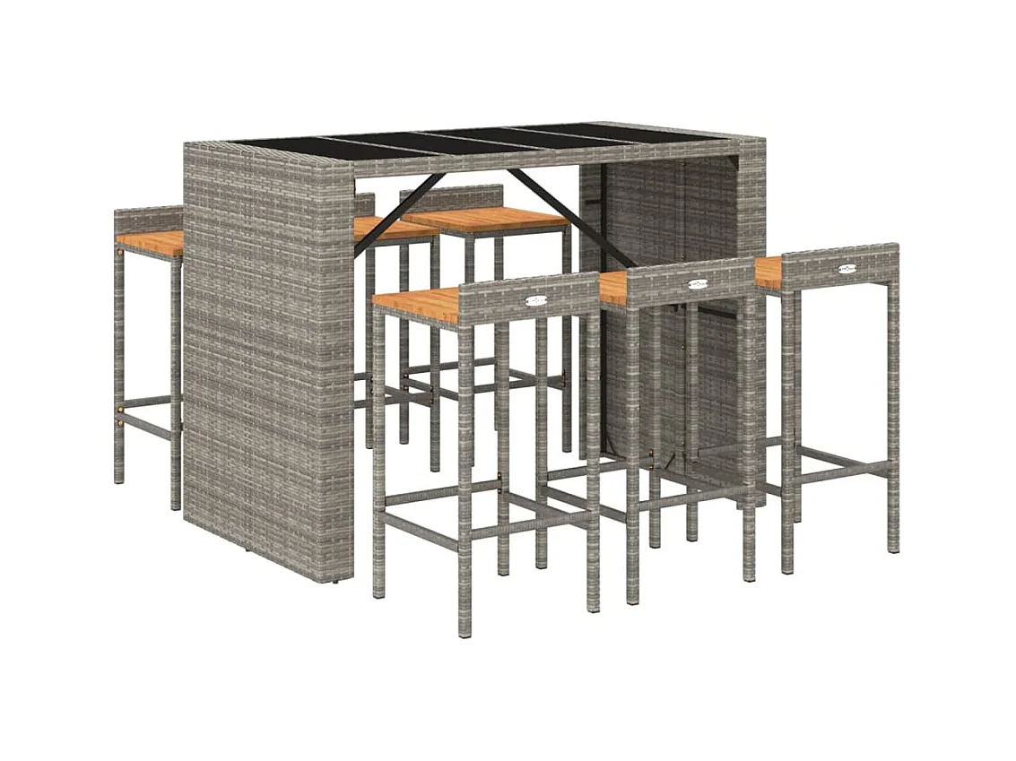 Zylen  Ensemble de bar jardin 7 pcs gris poly rotin/bois massif acacia