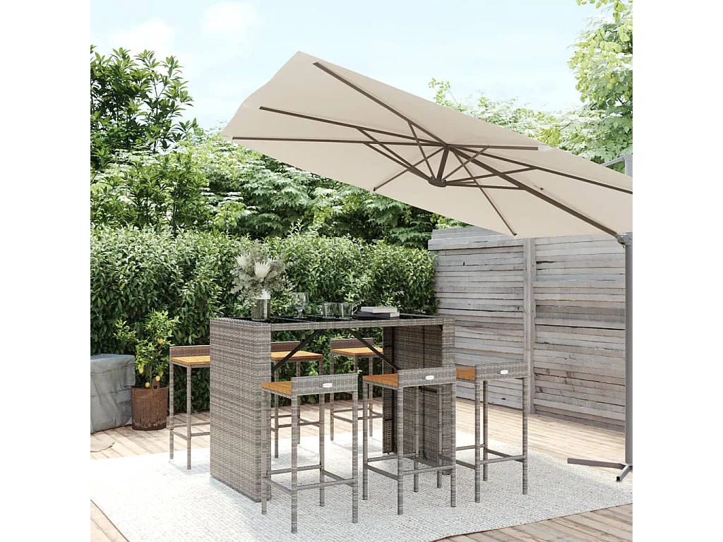 Zylen  Ensemble de bar jardin 7 pcs gris poly rotin/bois massif acacia