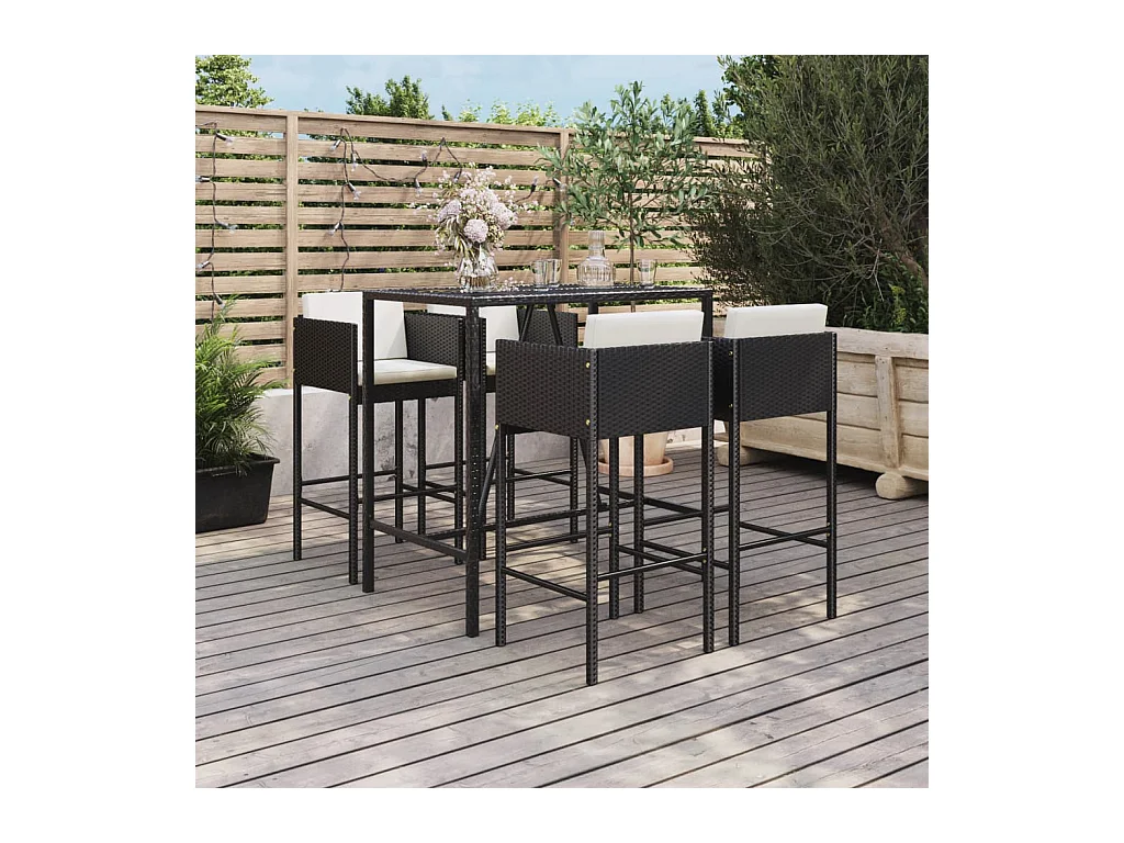 Virrat  Ensemble de bar de jardin 5 pcs avec coussins noir poly rotin