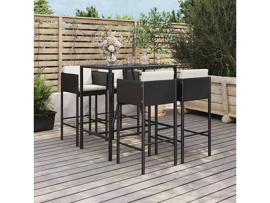 Virrat  Ensemble de bar de jardin 5 pcs avec coussins noir poly rotin