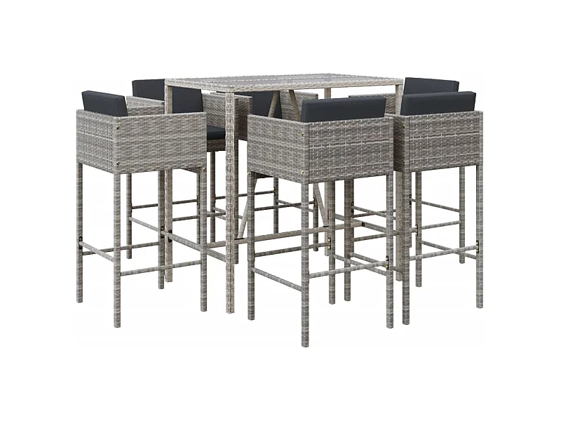 Virrat  Ensemble de bar de jardin 7 pcs avec coussins gris poly rotin