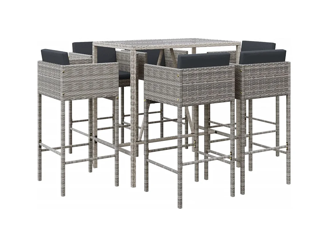 Virrat  Ensemble de bar de jardin 7 pcs avec coussins gris poly rotin