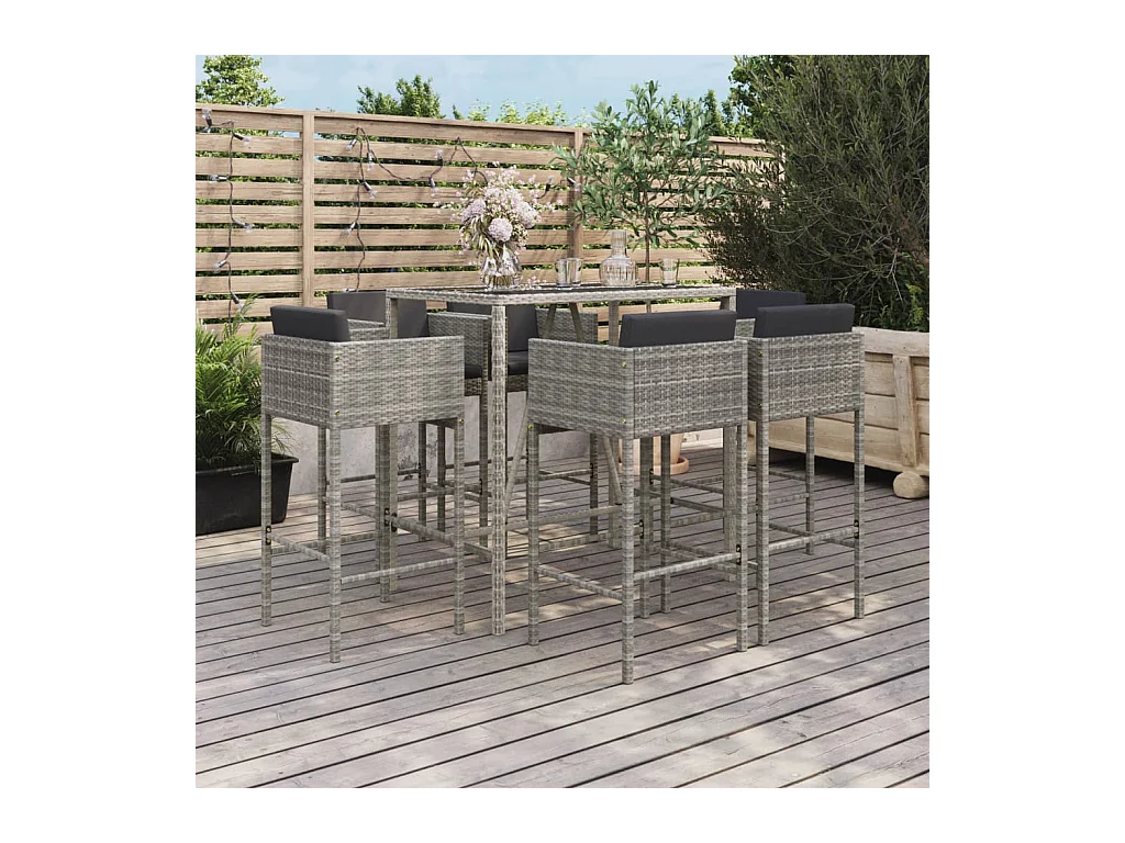 Virrat  Ensemble de bar de jardin 7 pcs avec coussins gris poly rotin