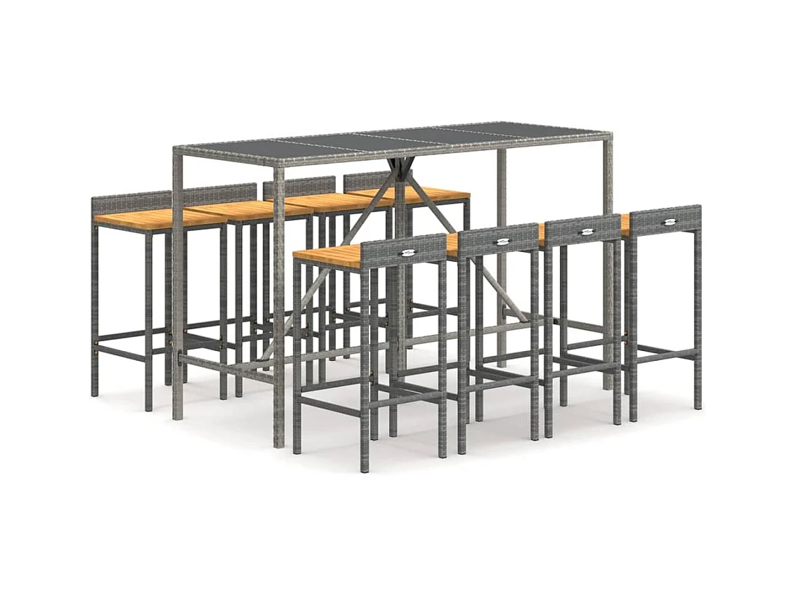 Vraldir  Ensemble de bar jardin 9 pcs gris poly rotin/bois massif acacia