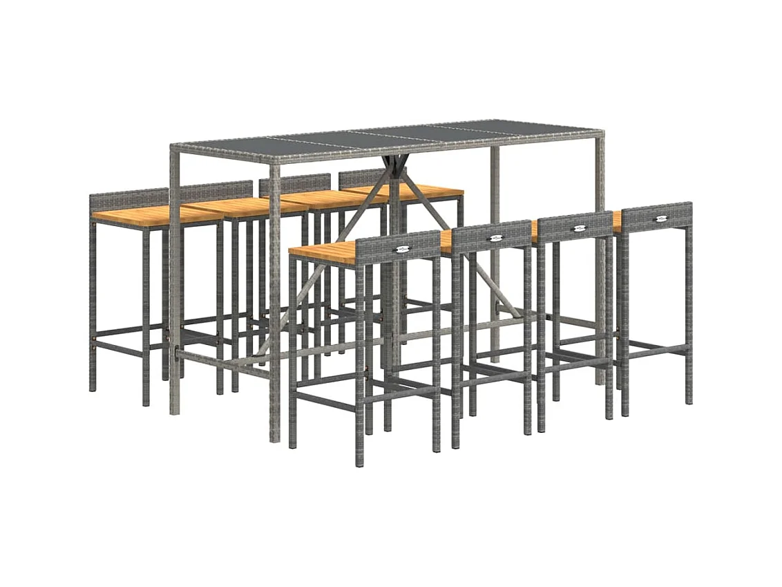 Vraldir  Ensemble de bar jardin 9 pcs gris poly rotin/bois massif acacia
