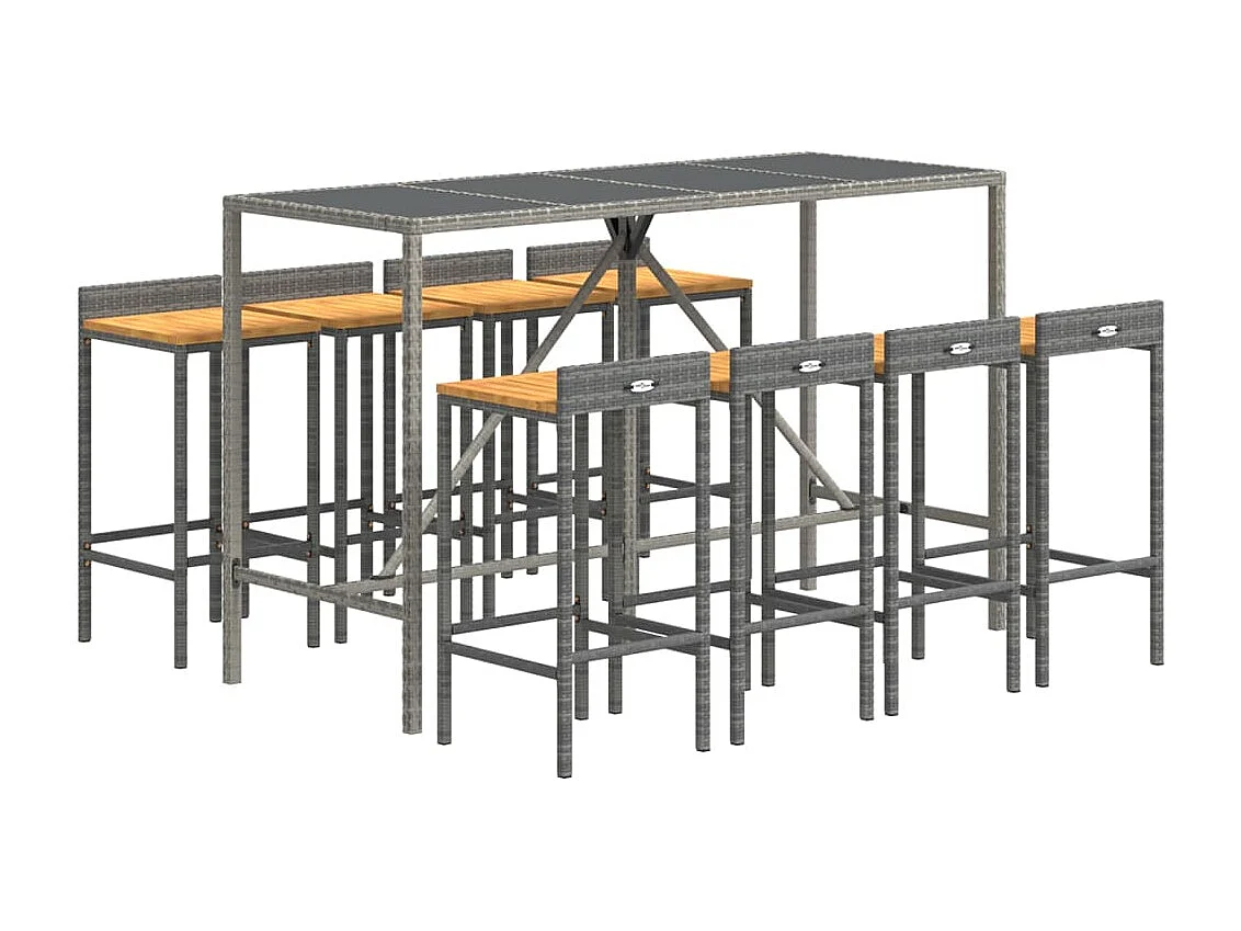 Vraldir  Ensemble de bar jardin 9 pcs gris poly rotin/bois massif acacia