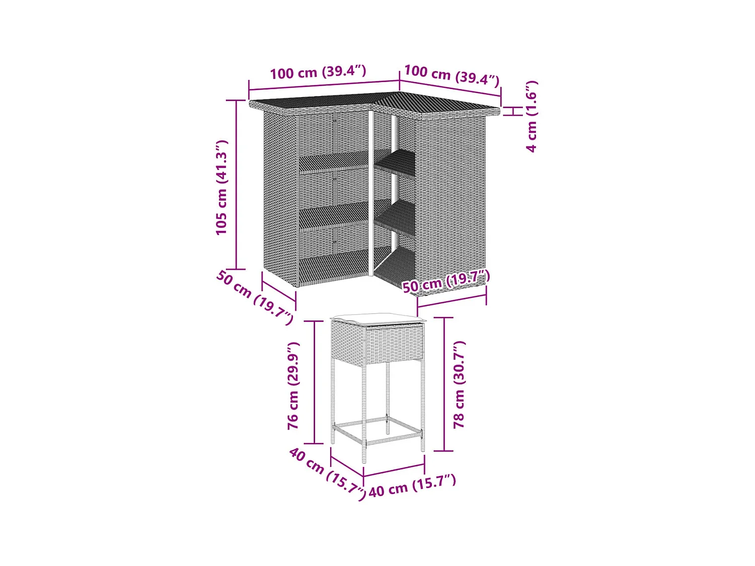 Marilou  Ensemble de bar de jardin 3 pcs et coussins gris résine tressée