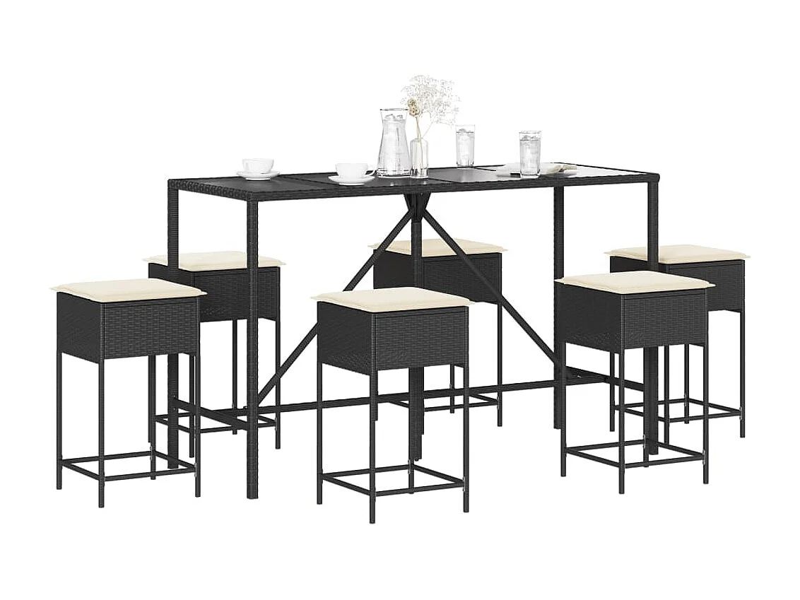 Uniondale  Ensemble de bar de jardin 7 pcs avec coussins noir poly rotin
