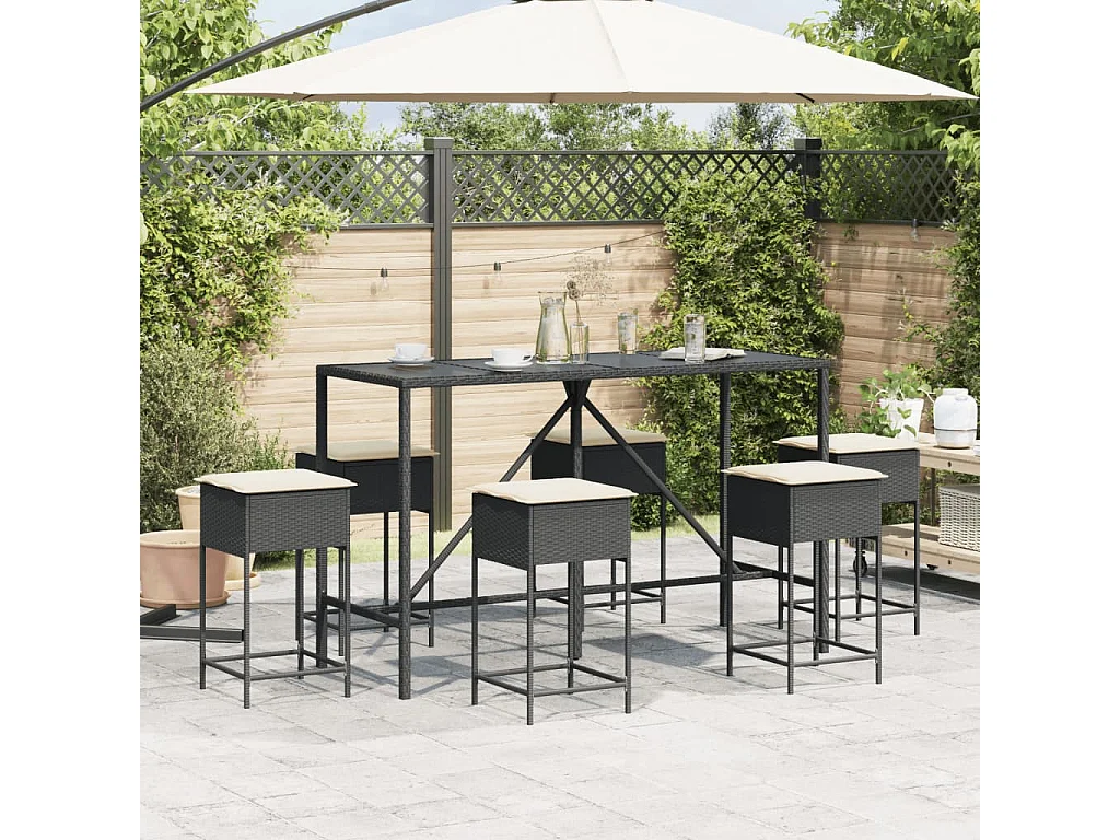 Uniondale  Ensemble de bar de jardin 7 pcs avec coussins noir poly rotin
