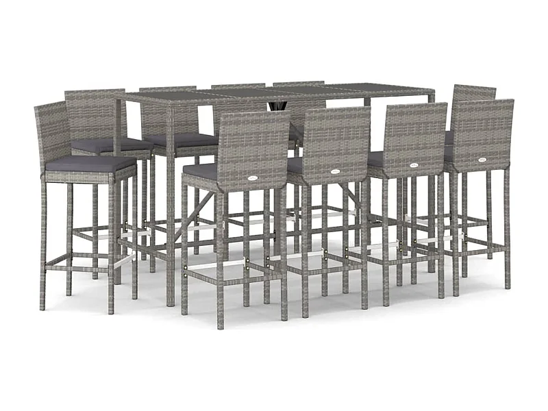 Danick  Ensemble de bar de jardin 11 pcs avec coussins gris poly rotin