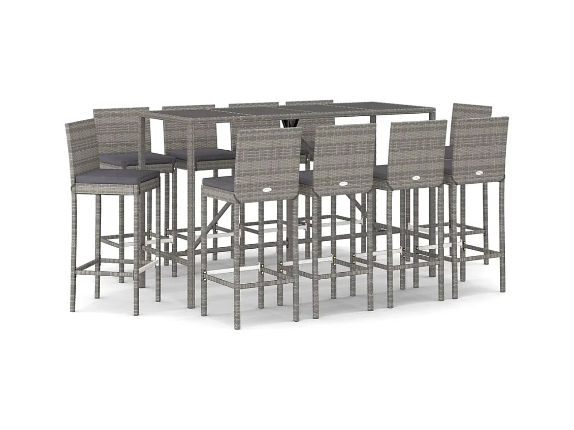 Danick  Ensemble de bar de jardin 11 pcs avec coussins gris poly rotin
