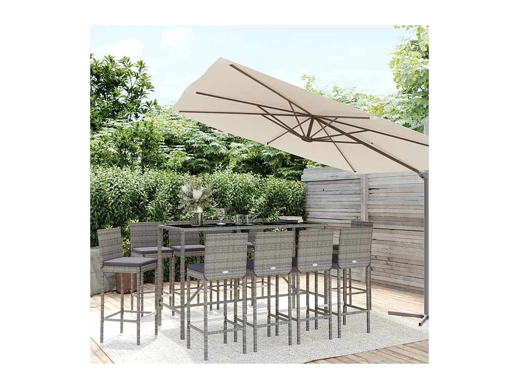 Danick  Ensemble de bar de jardin 11 pcs avec coussins gris poly rotin