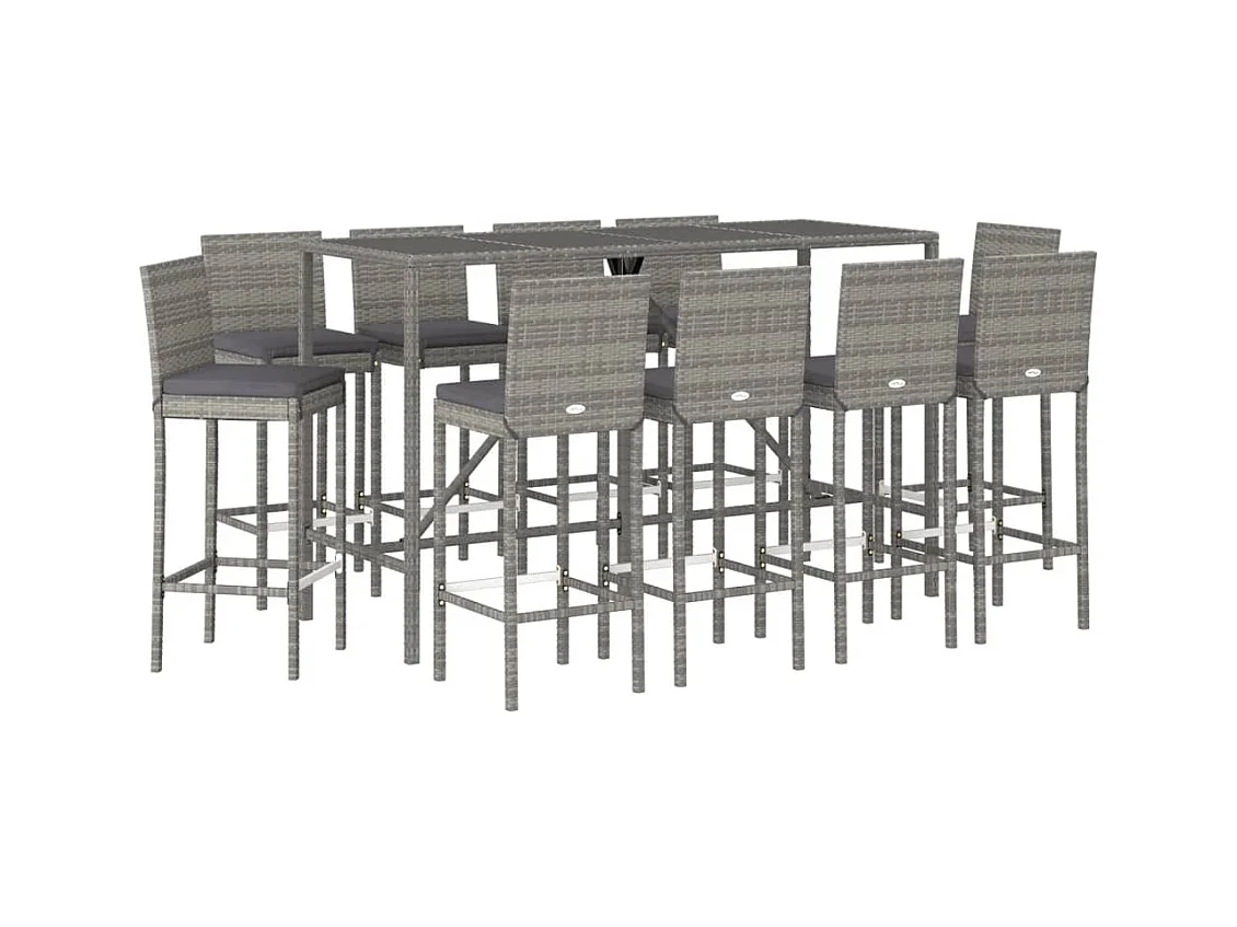 Danick  Ensemble de bar de jardin 11 pcs avec coussins gris poly rotin