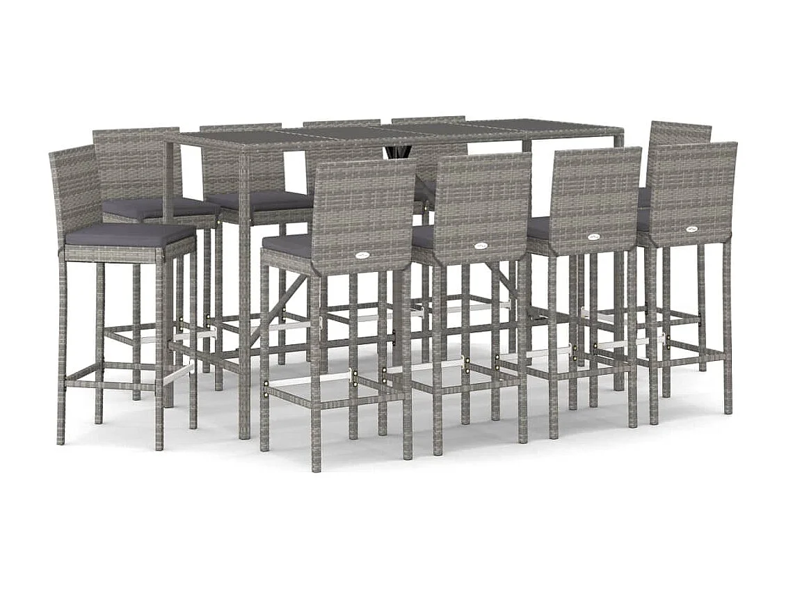Danick  Ensemble de bar de jardin 11 pcs avec coussins gris poly rotin