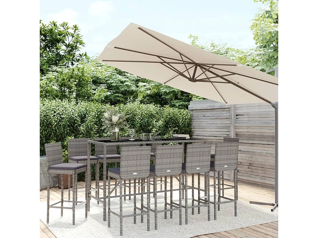 Danick  Ensemble de bar de jardin 11 pcs avec coussins gris poly rotin
