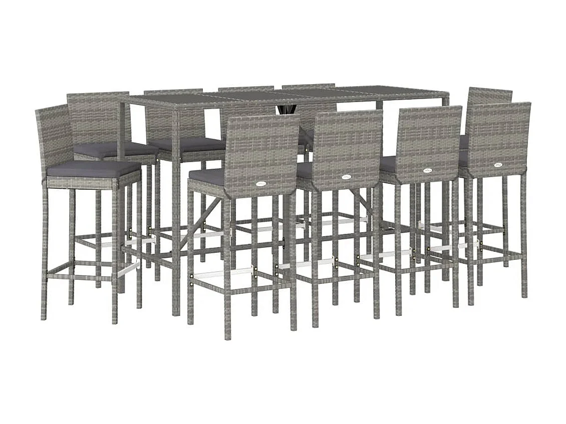 Danick  Ensemble de bar de jardin 11 pcs avec coussins gris poly rotin