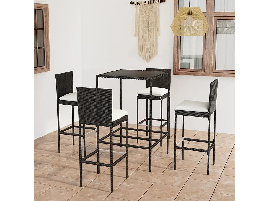 Helyra  Ensemble de bar de jardin 5 pcs et coussins Résine tressée Noir