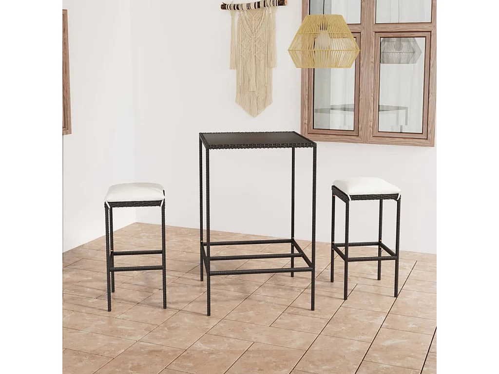 Mary  Ensemble de bar de jardin 3 pcs et coussins Résine tressée Noir