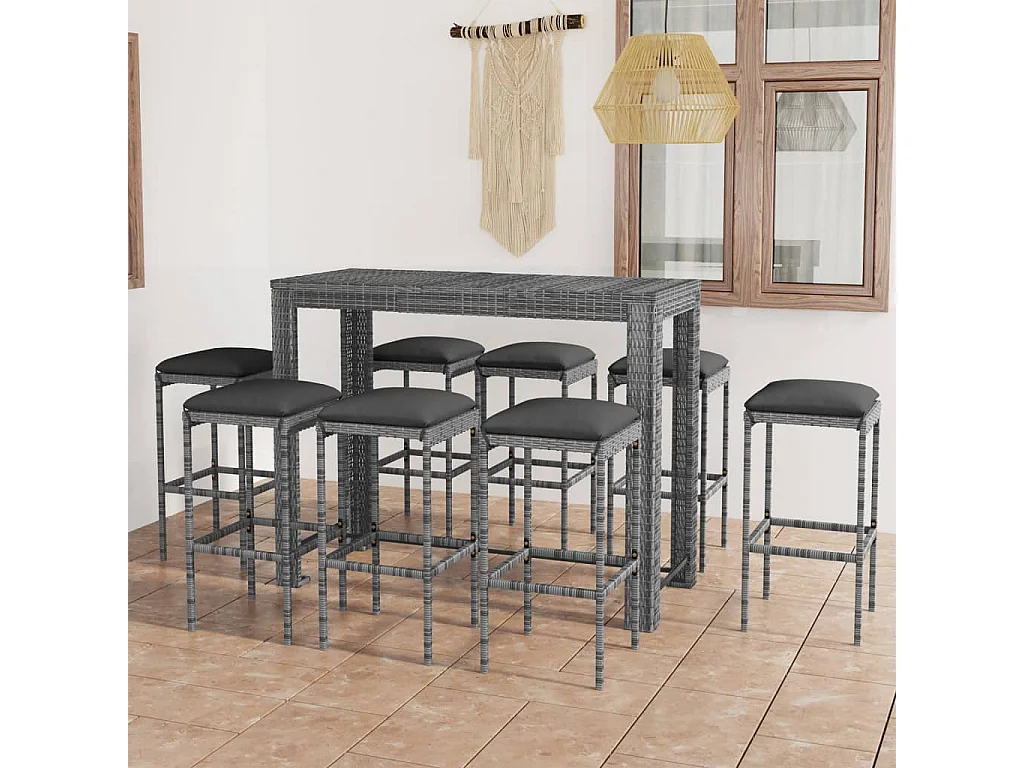 Elisah  Ensemble de bar de jardin 9 pcs et coussins Résine tressée Gris