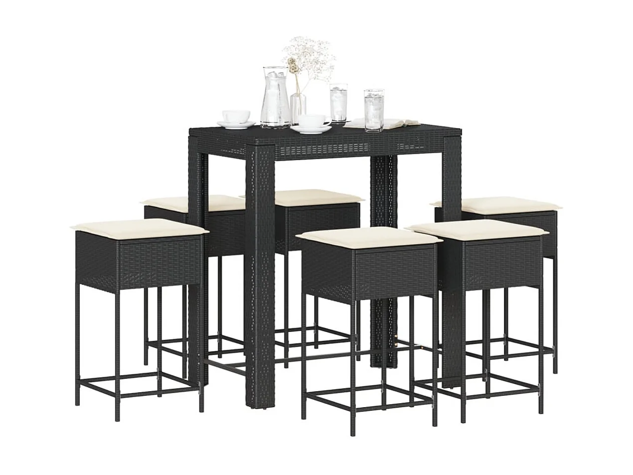 Sandra  Ensemble de bar de jardin 7 pcs avec coussins noir poly rotin