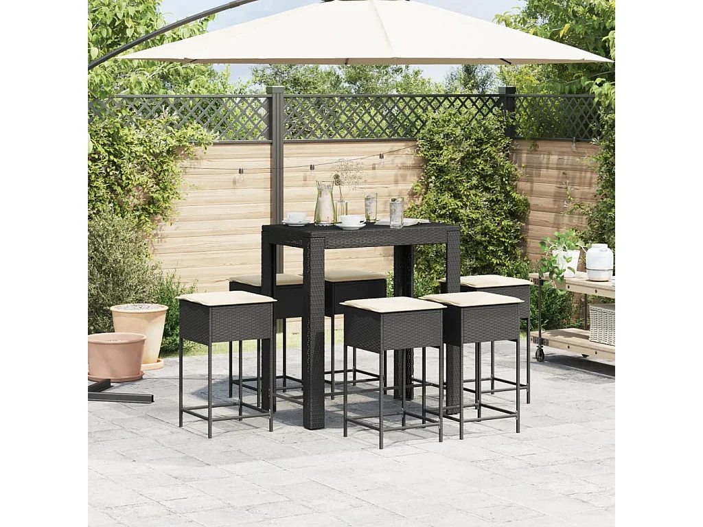 Sandra  Ensemble de bar de jardin 7 pcs avec coussins noir poly rotin