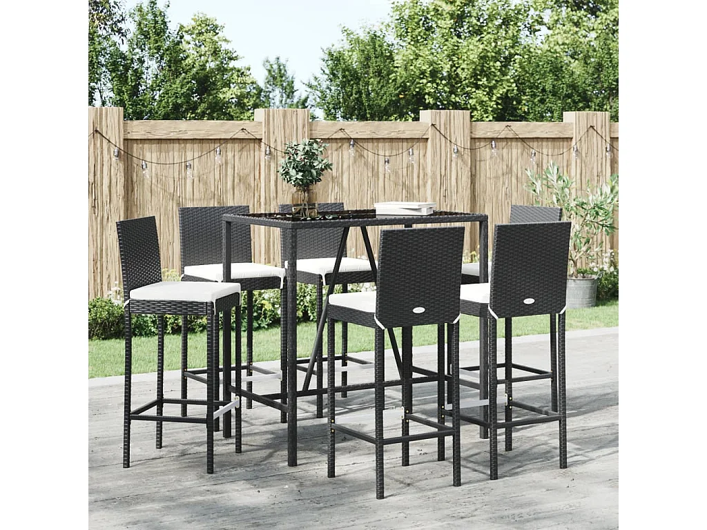 Danick  Ensemble de bar de jardin 7 pcs avec coussins noir poly rotin