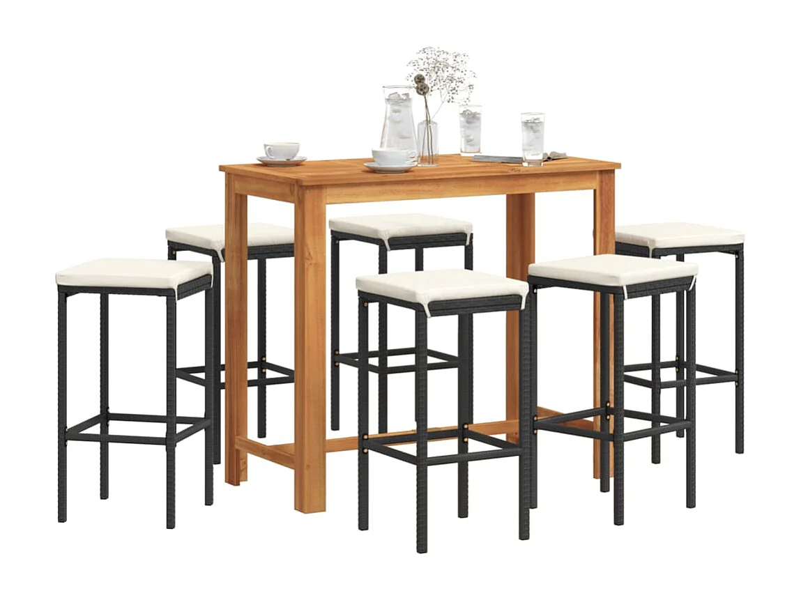 Kelton  Ensemble de bar de jardin 7 pcs noir bois massif acacia rotin