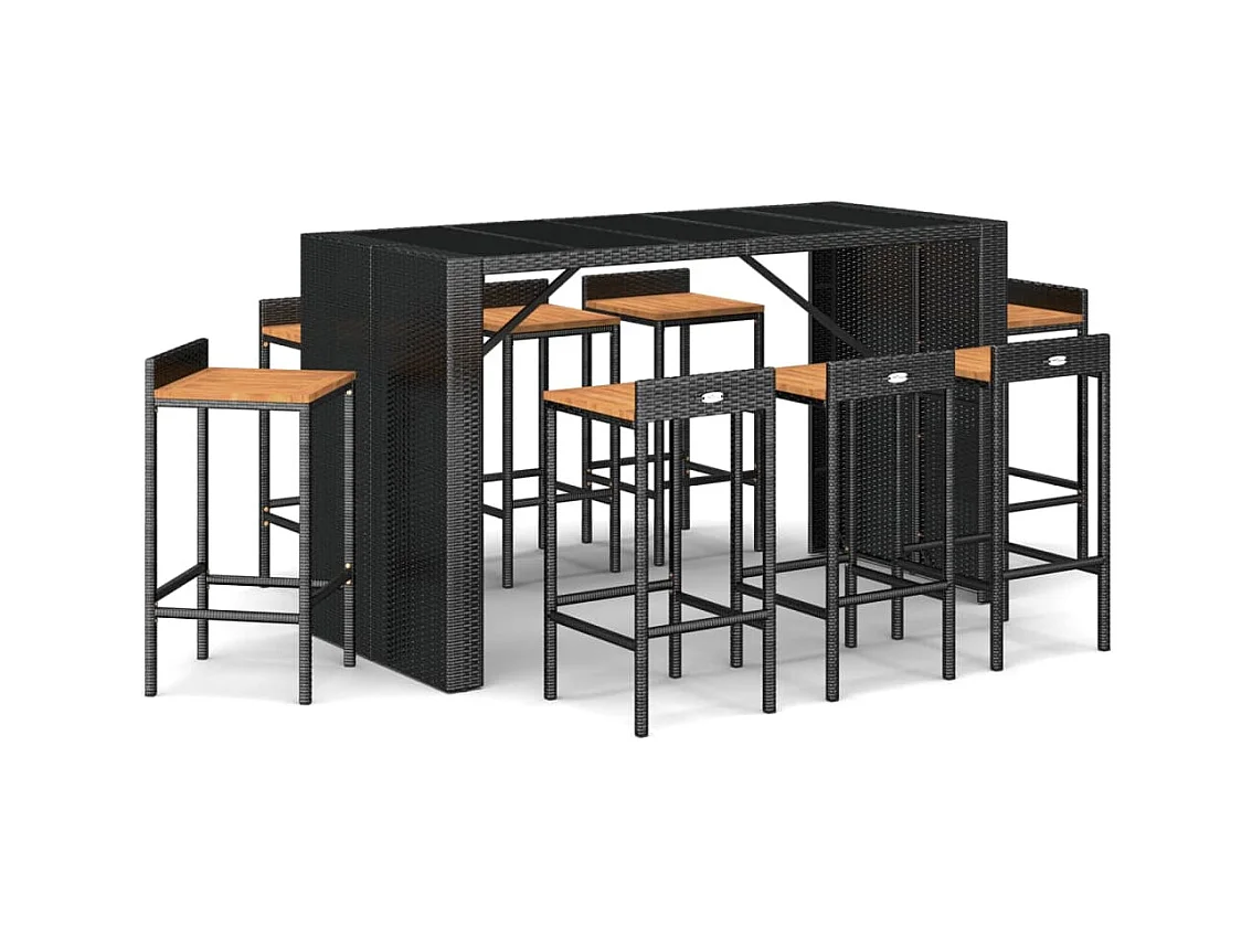 Zylen  Ensemble de bar jardin 9 pcs noir poly rotin/bois massif acacia