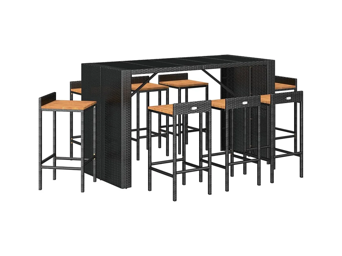 Zylen  Ensemble de bar jardin 9 pcs noir poly rotin/bois massif acacia
