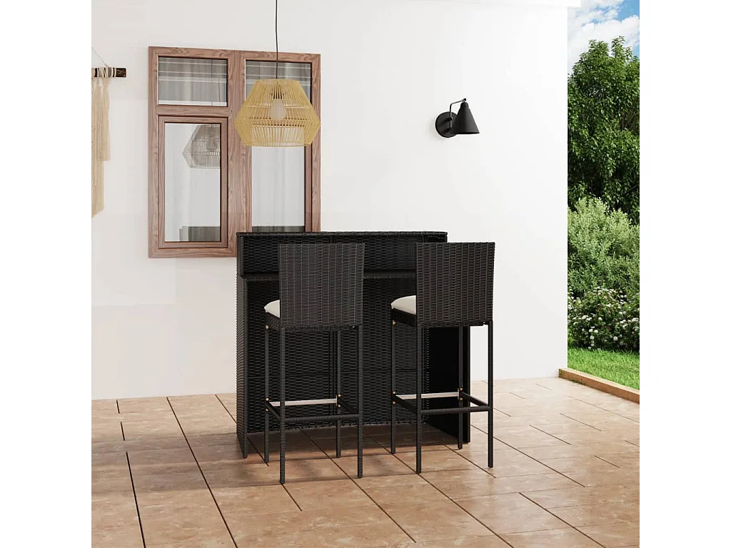 Fortunato  Ensemble de bar de jardin avec coussins 3 pcs Noir