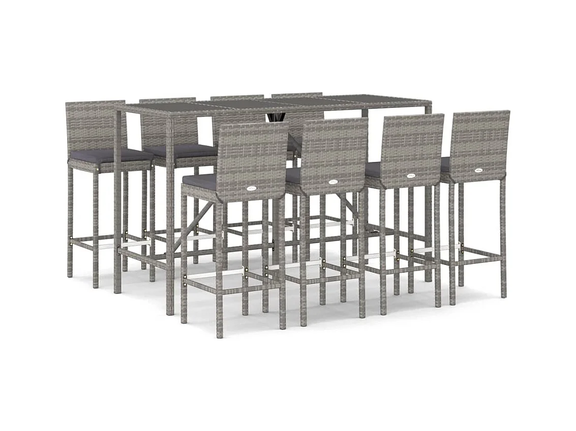 Danick  Ensemble de bar de jardin 9 pcs avec coussins gris poly rotin