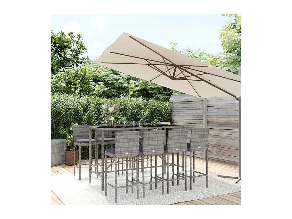 Danick  Ensemble de bar de jardin 9 pcs avec coussins gris poly rotin