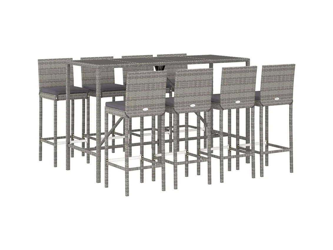 Danick  Ensemble de bar de jardin 9 pcs avec coussins gris poly rotin