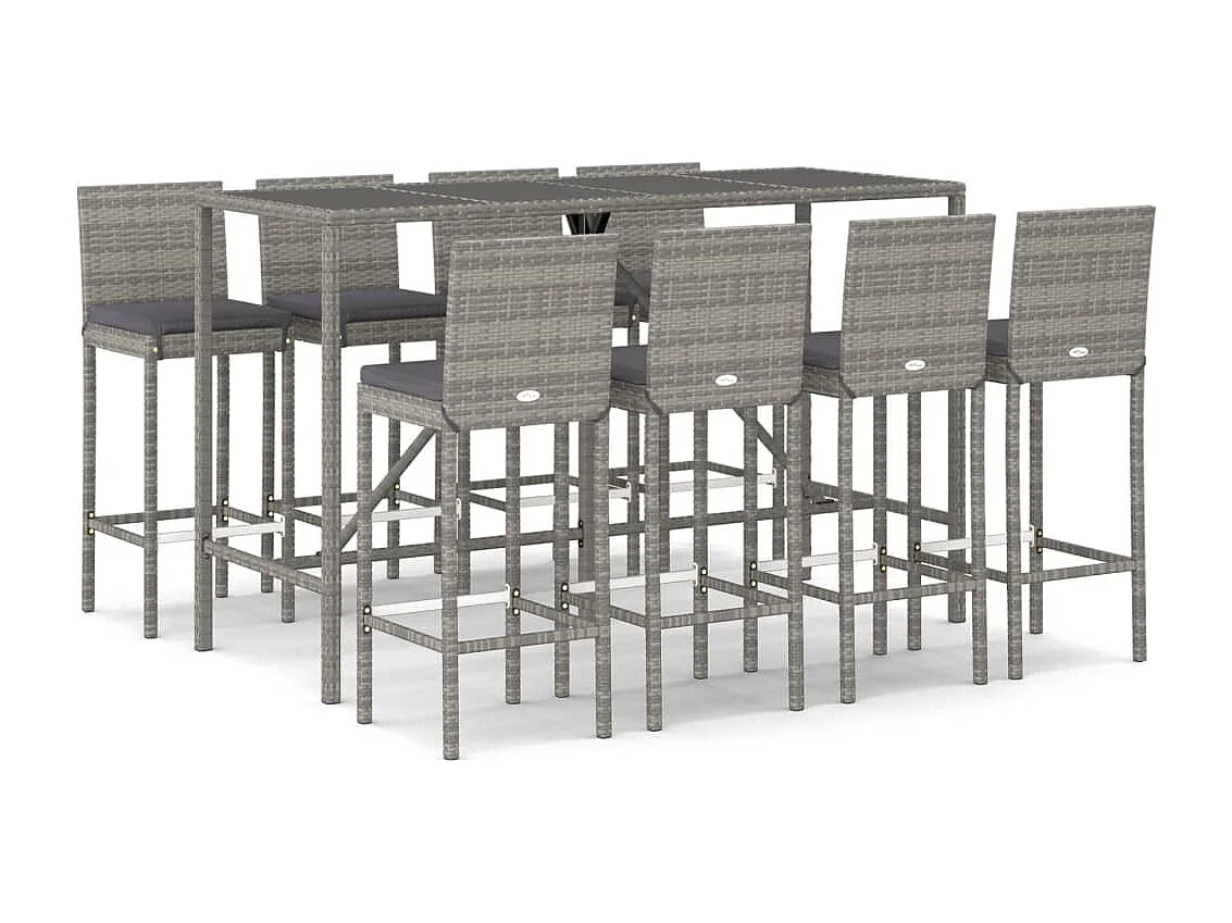 Danick  Ensemble de bar de jardin 9 pcs avec coussins gris poly rotin