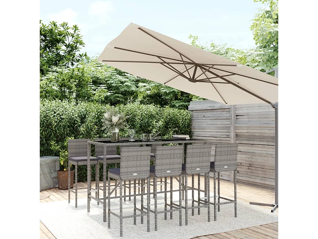 Danick  Ensemble de bar de jardin 9 pcs avec coussins gris poly rotin