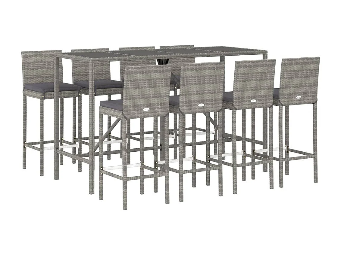 Danick  Ensemble de bar de jardin 9 pcs avec coussins gris poly rotin