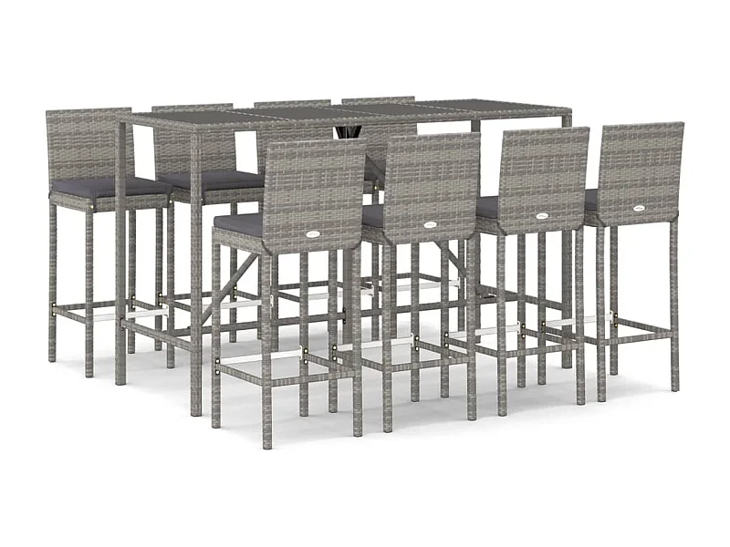 Danick  Ensemble de bar de jardin 9 pcs avec coussins gris poly rotin