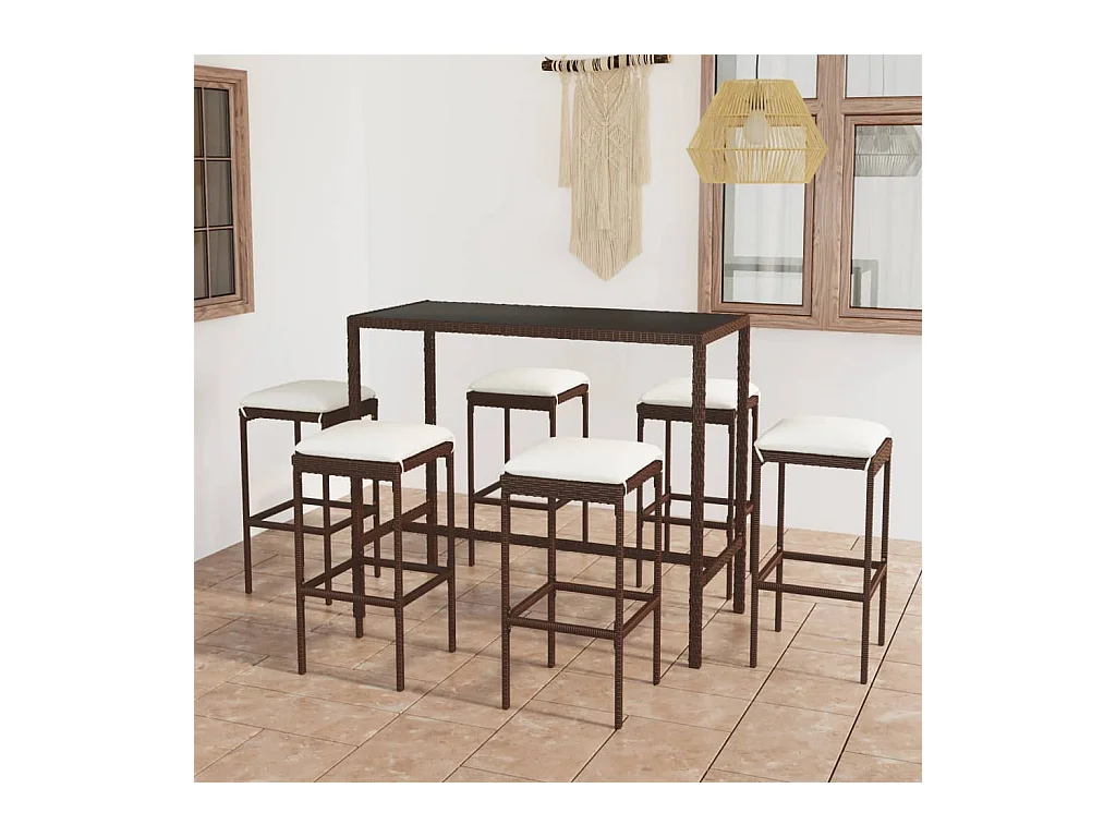 Mary  Ensemble de bar de jardin 7 pcs coussins Résine tressée Marron