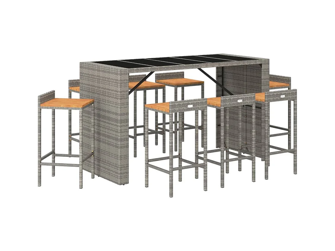Zylen  Ensemble de bar jardin 9 pcs gris poly rotin/bois massif acacia