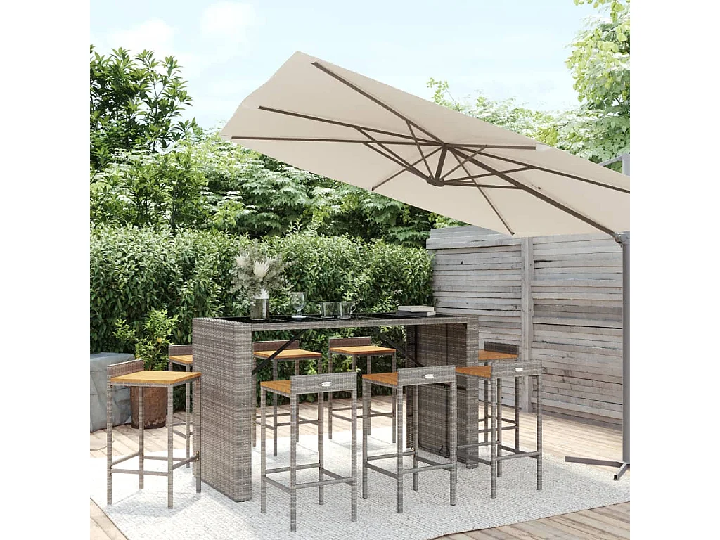 Zylen  Ensemble de bar jardin 9 pcs gris poly rotin/bois massif acacia