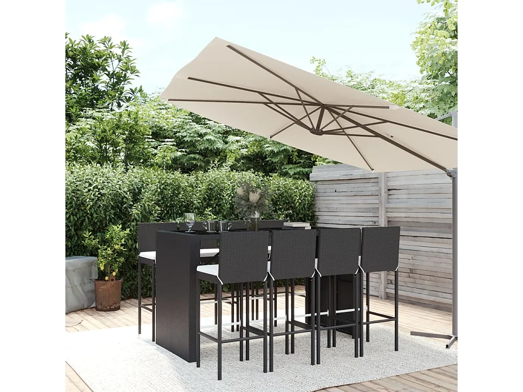 Eva Lynn  Ensemble de bar de jardin 9 pcs avec coussins noir poly rotin