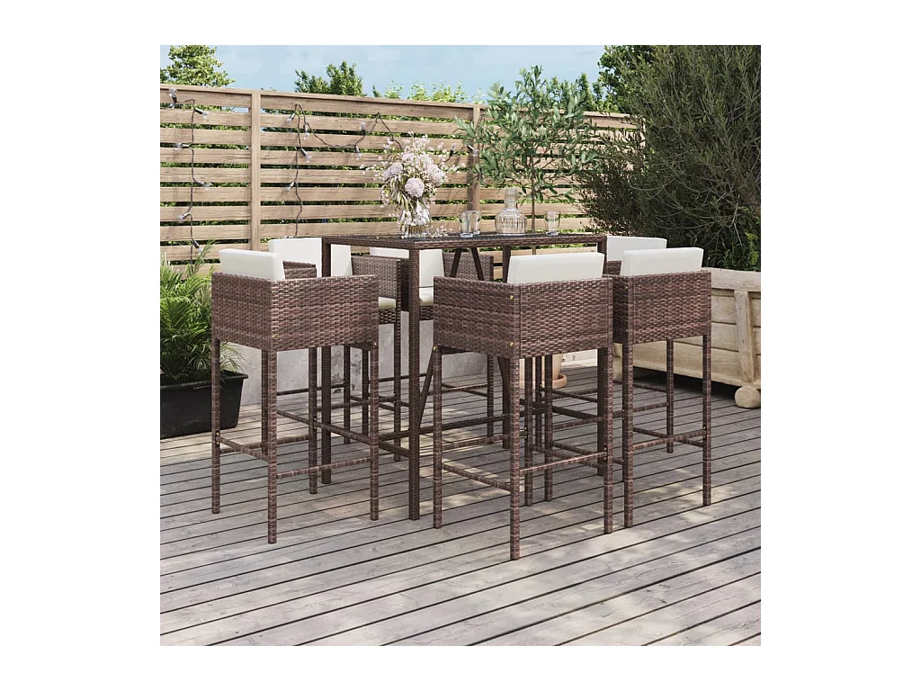 Virrat  Ensemble de bar de jardin avec coussins 7 pcs marron poly rotin