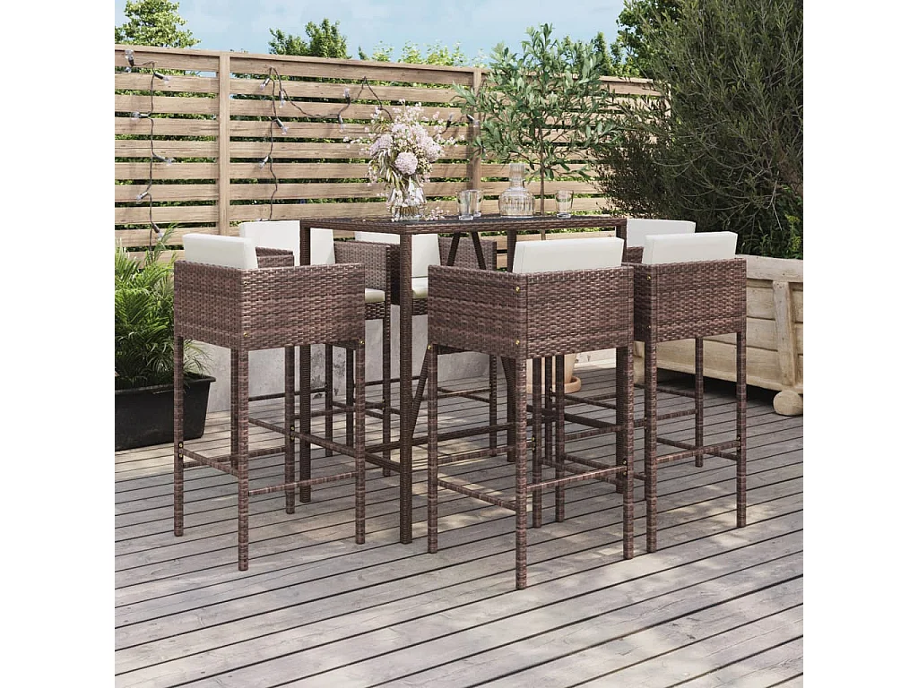 Virrat  Ensemble de bar de jardin avec coussins 7 pcs marron poly rotin