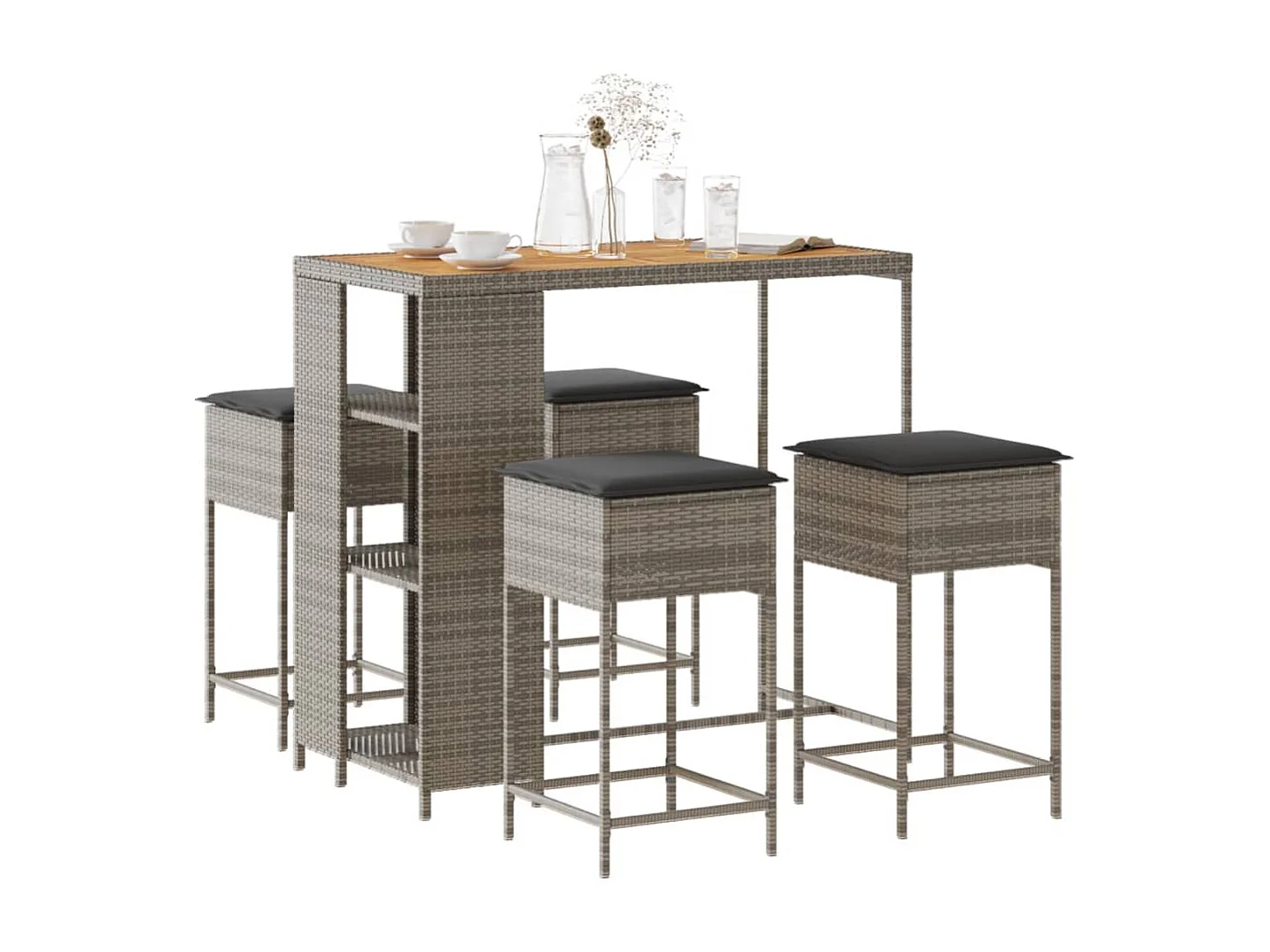 Kella  Ensemble de bar de jardin 5 pcs avec coussins gris poly rotin