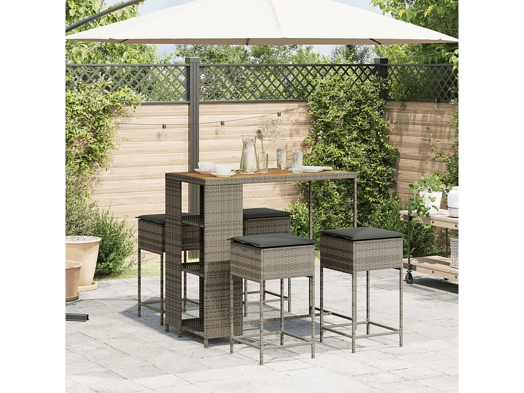 Kella  Ensemble de bar de jardin 5 pcs avec coussins gris poly rotin