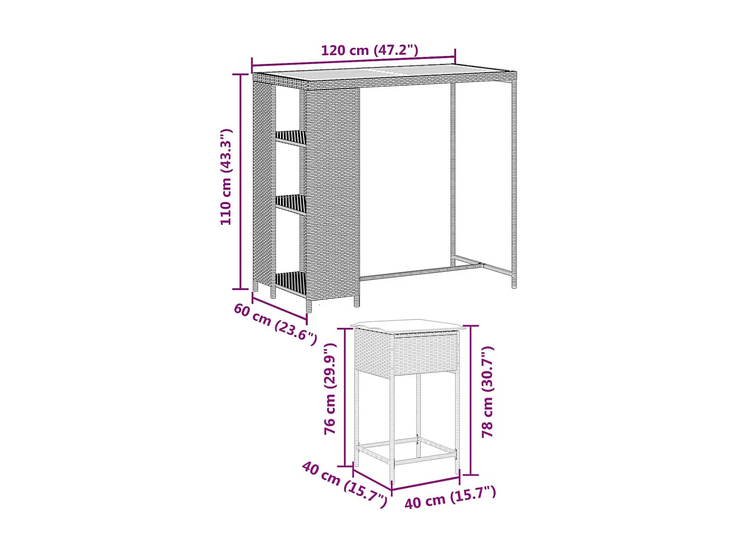 Kella  Ensemble de bar de jardin 5 pcs avec coussins gris poly rotin