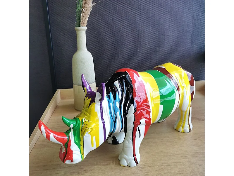 Statue rhinocéros avec coulures multicolores H24 cm - RHINO DRIPS 02
