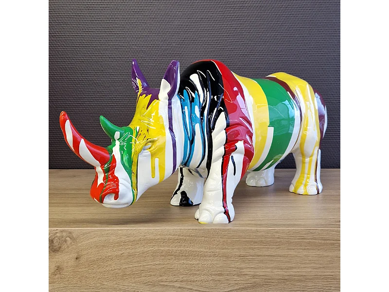 Statue rhinocéros avec coulures multicolores H24 cm - RHINO DRIPS 02