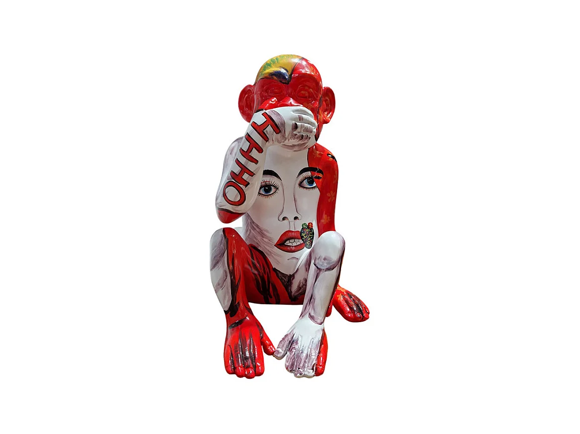 Statue singe main sur la bouche et dessins pop art H39 cm - RAFIKI