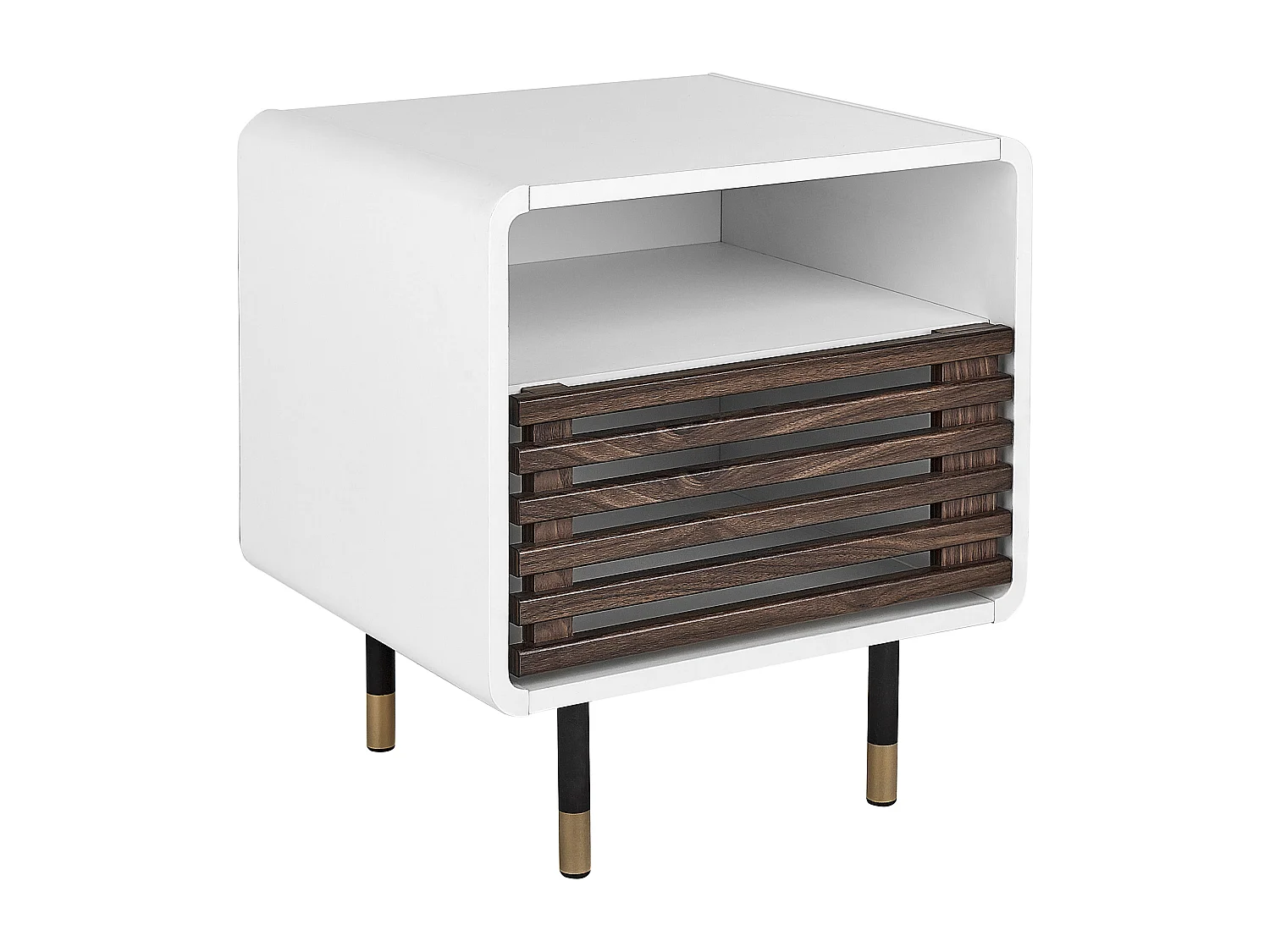 Nachttisch in Weiß mit Tür in dunkler Holzfarbton im Retro Stil Rifle